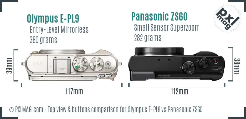 Olympus E-PL9 vs Panasonic ZS60 top view buttons comparison