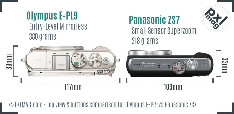 Olympus E-PL9 vs Panasonic ZS7 top view buttons comparison