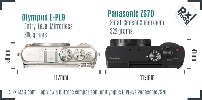 Olympus E-PL9 vs Panasonic ZS70 top view buttons comparison