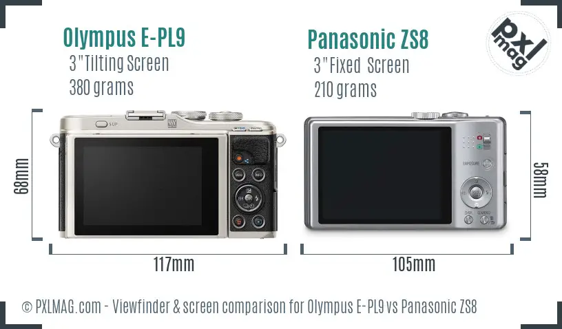 Olympus E-PL9 vs Panasonic ZS8 Screen and Viewfinder comparison