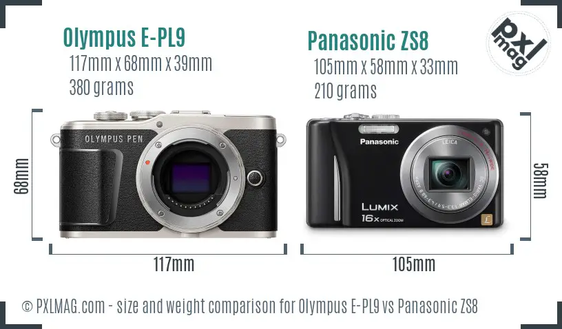 Olympus E-PL9 vs Panasonic ZS8 size comparison