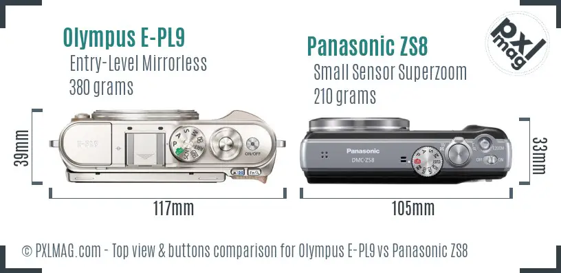 Olympus E-PL9 vs Panasonic ZS8 top view buttons comparison