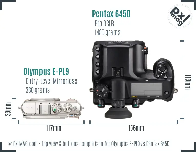 Olympus E-PL9 vs Pentax 645D top view buttons comparison