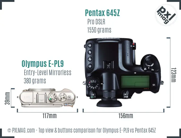 Olympus E-PL9 vs Pentax 645Z top view buttons comparison