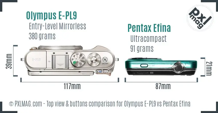 Olympus E-PL9 vs Pentax Efina top view buttons comparison