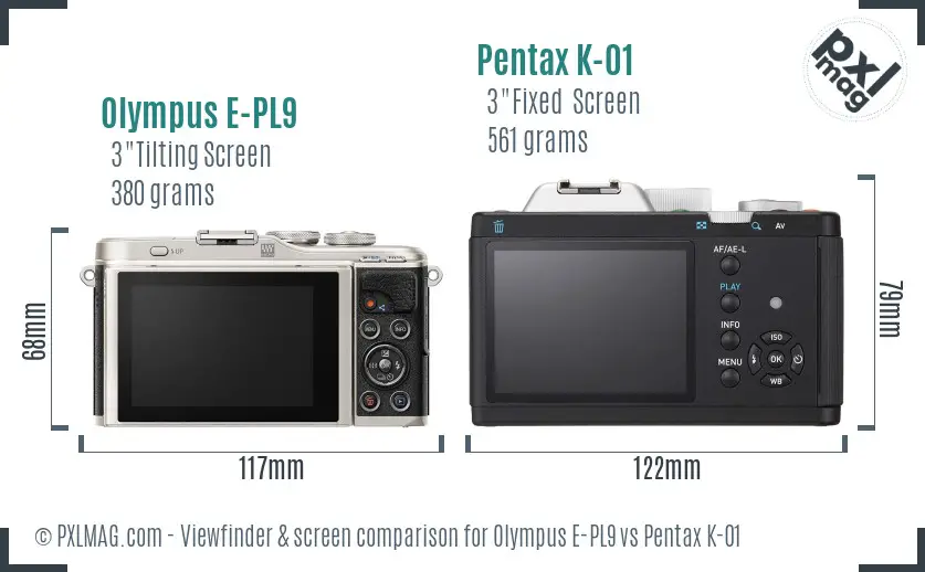 Olympus E-PL9 vs Pentax K-01 Screen and Viewfinder comparison