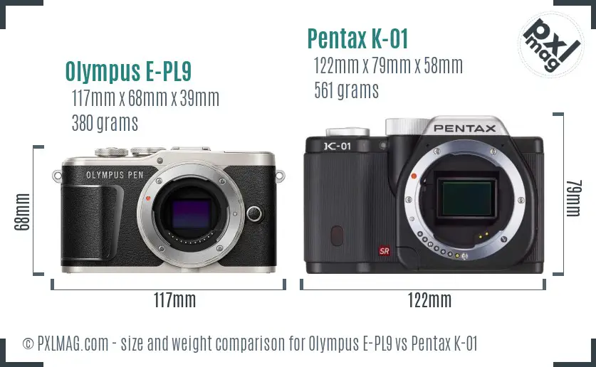 Olympus E-PL9 vs Pentax K-01 size comparison