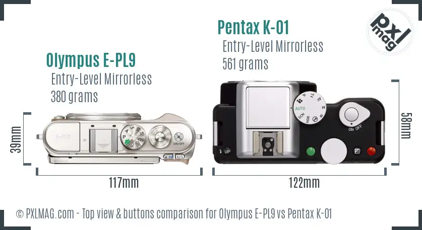 Olympus E-PL9 vs Pentax K-01 top view buttons comparison