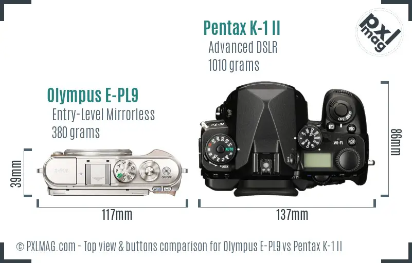 Olympus E-PL9 vs Pentax K-1 II top view buttons comparison