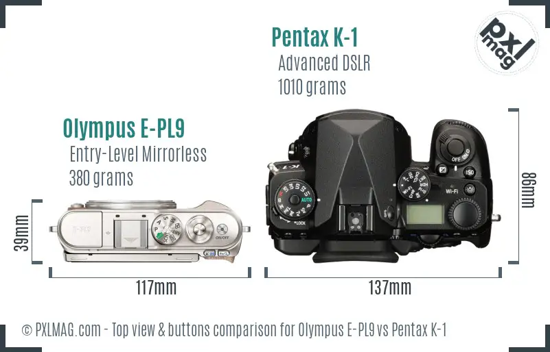 Olympus E-PL9 vs Pentax K-1 top view buttons comparison