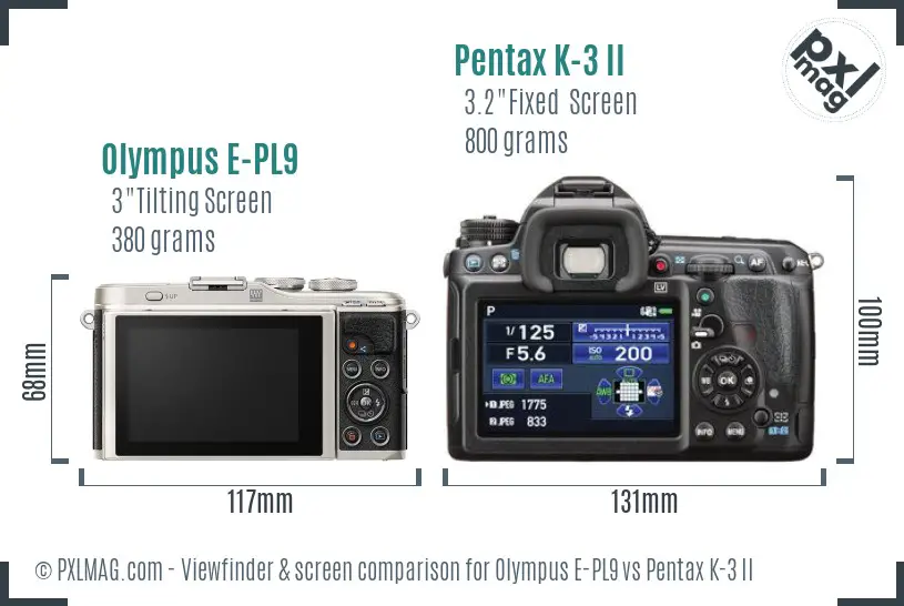 Olympus E-PL9 vs Pentax K-3 II Screen and Viewfinder comparison
