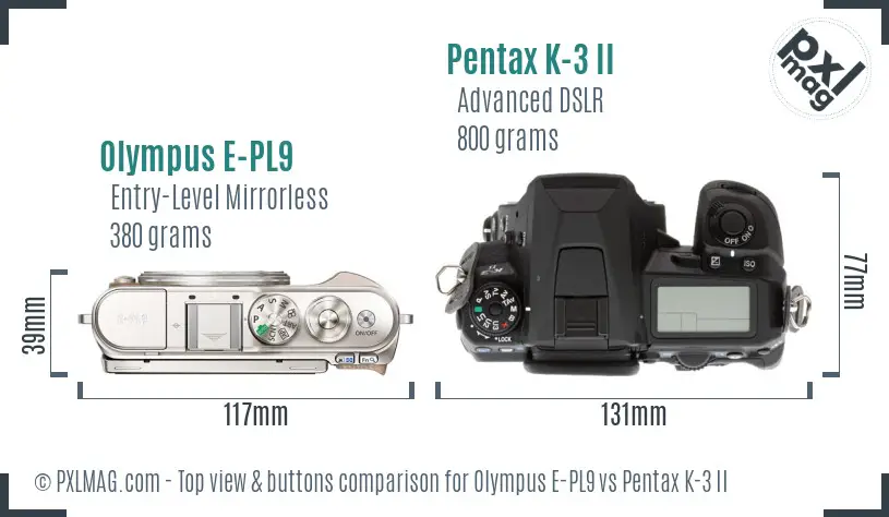 Olympus E-PL9 vs Pentax K-3 II top view buttons comparison