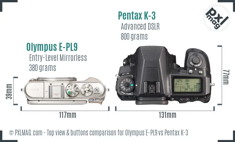 Olympus E-PL9 vs Pentax K-3 top view buttons comparison