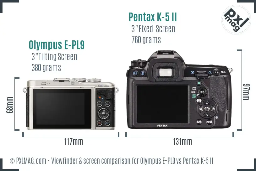 Olympus E-PL9 vs Pentax K-5 II Screen and Viewfinder comparison