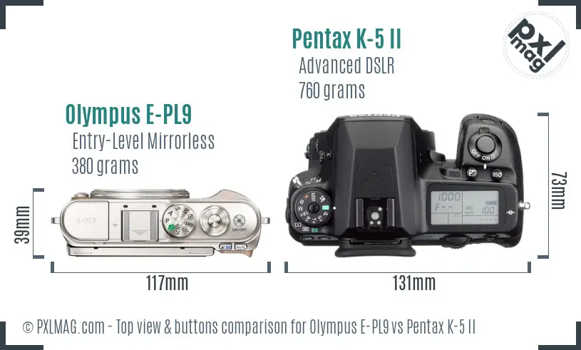 Olympus E-PL9 vs Pentax K-5 II top view buttons comparison