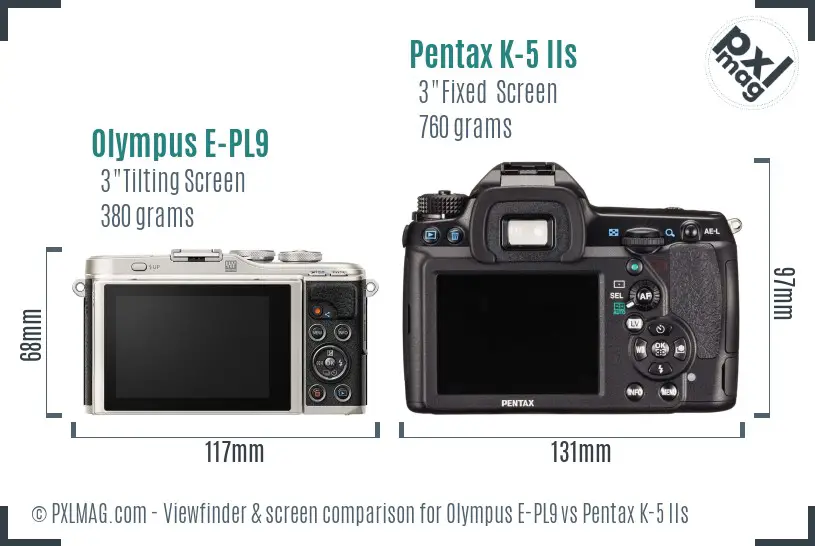 Olympus E-PL9 vs Pentax K-5 IIs Screen and Viewfinder comparison