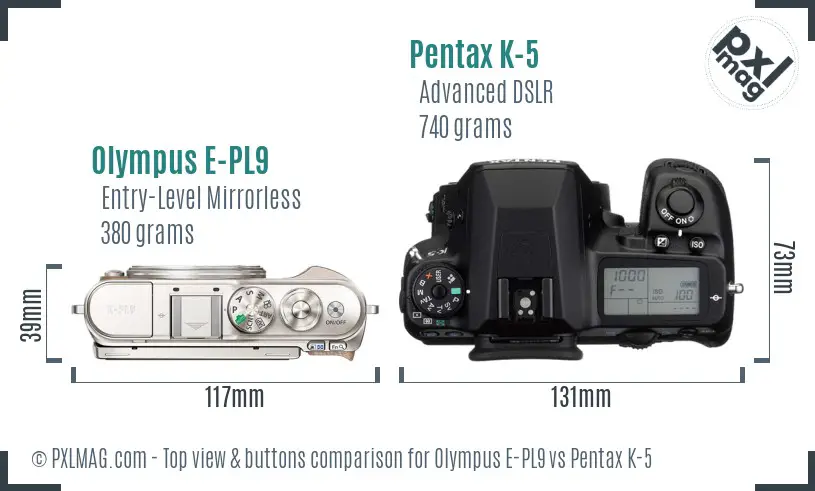 Olympus E-PL9 vs Pentax K-5 top view buttons comparison