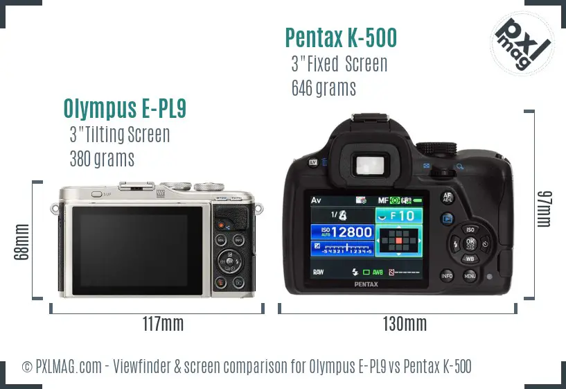 Olympus E-PL9 vs Pentax K-500 Screen and Viewfinder comparison
