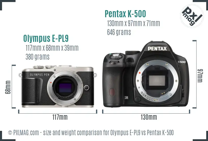 Olympus E-PL9 vs Pentax K-500 size comparison