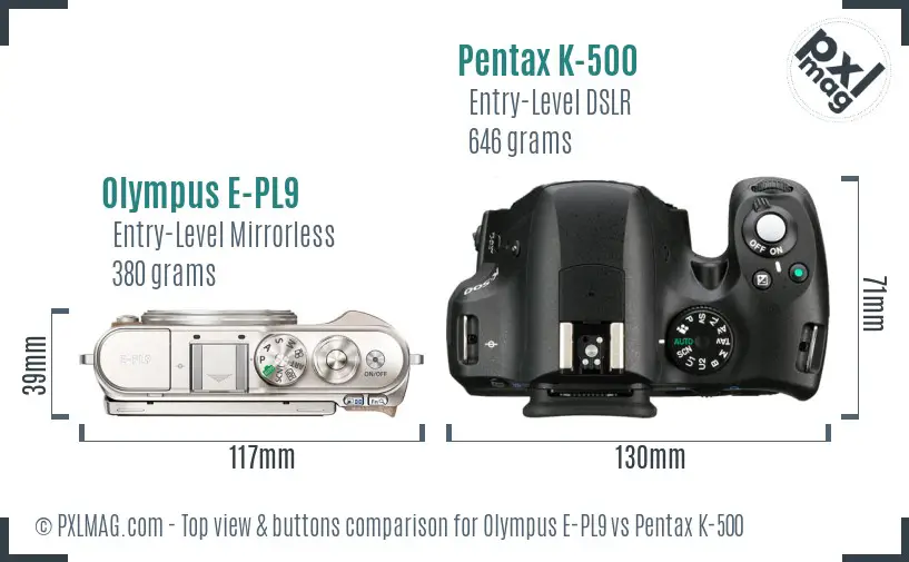 Olympus E-PL9 vs Pentax K-500 top view buttons comparison