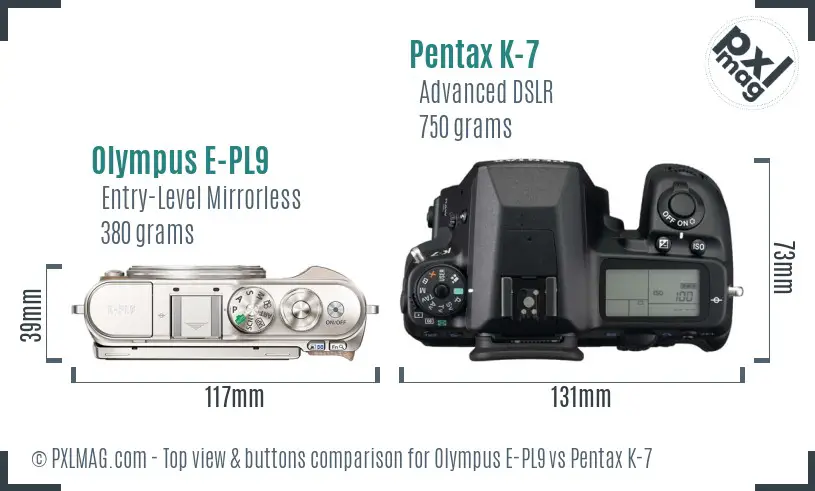 Olympus E-PL9 vs Pentax K-7 top view buttons comparison
