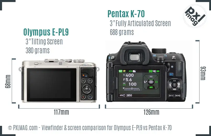 Olympus E-PL9 vs Pentax K-70 Screen and Viewfinder comparison