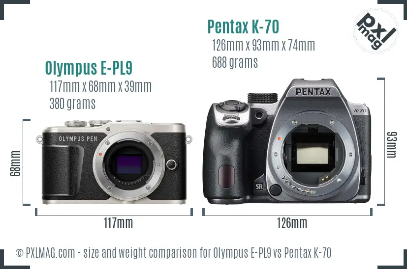 Olympus E-PL9 vs Pentax K-70 size comparison