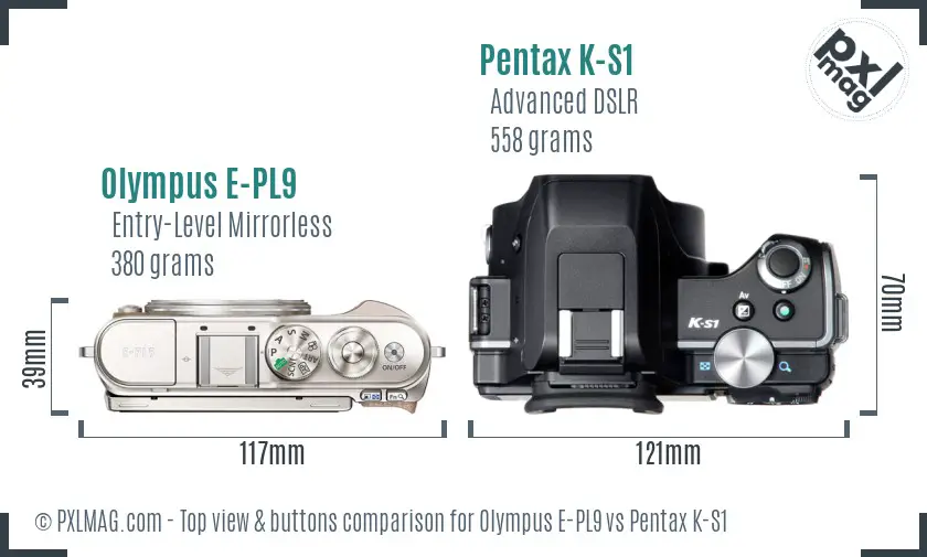 Olympus E-PL9 vs Pentax K-S1 top view buttons comparison