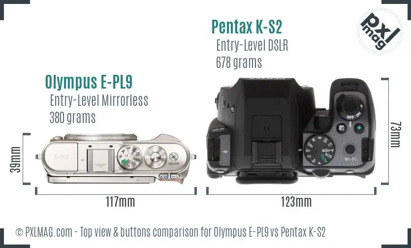 Olympus E-PL9 vs Pentax K-S2 top view buttons comparison