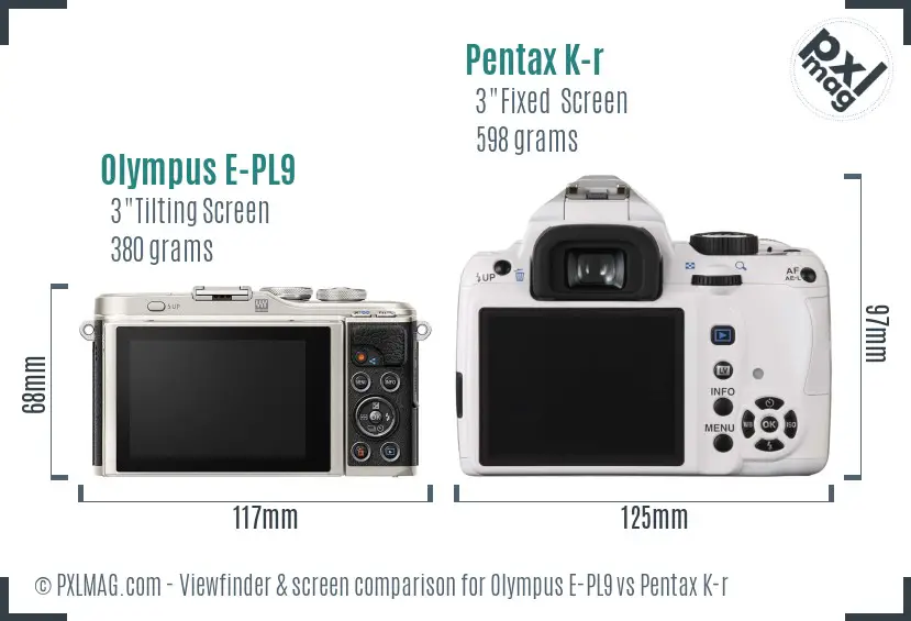 Olympus E-PL9 vs Pentax K-r Screen and Viewfinder comparison