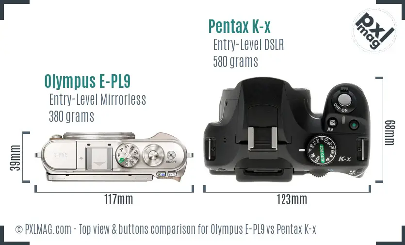 Olympus E-PL9 vs Pentax K-x top view buttons comparison