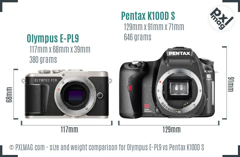 Olympus E-PL9 vs Pentax K100D S size comparison