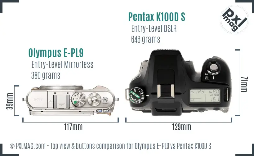 Olympus E-PL9 vs Pentax K100D S top view buttons comparison