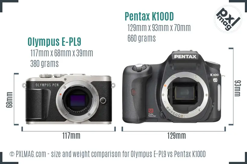 Olympus E-PL9 vs Pentax K100D size comparison