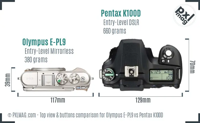 Olympus E-PL9 vs Pentax K100D top view buttons comparison