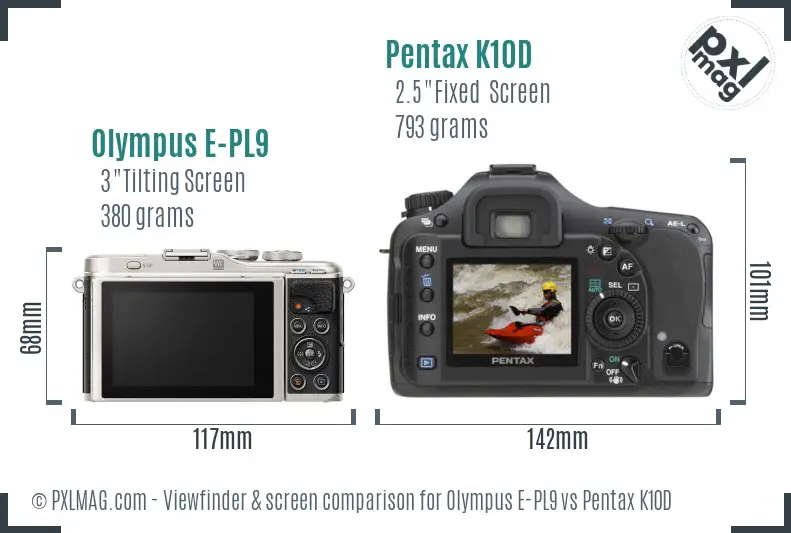 Olympus E-PL9 vs Pentax K10D Screen and Viewfinder comparison