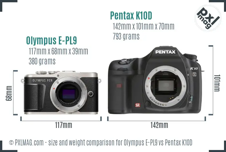 Olympus E-PL9 vs Pentax K10D size comparison