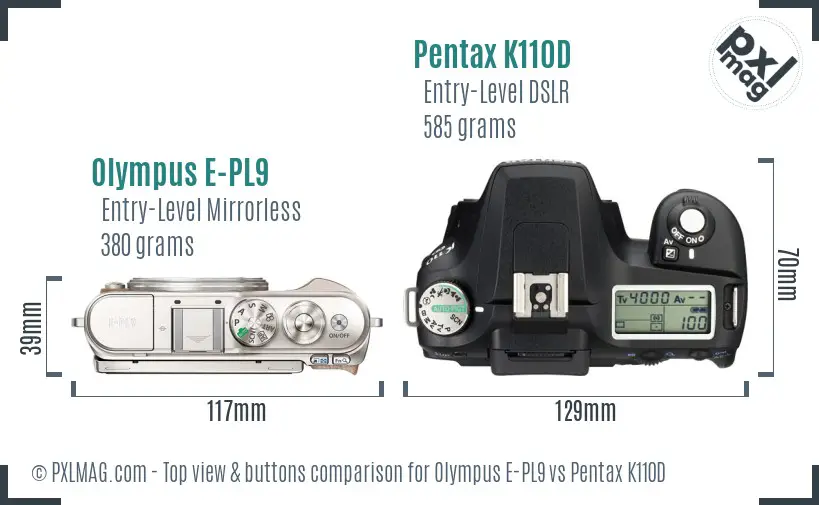 Olympus E-PL9 vs Pentax K110D top view buttons comparison
