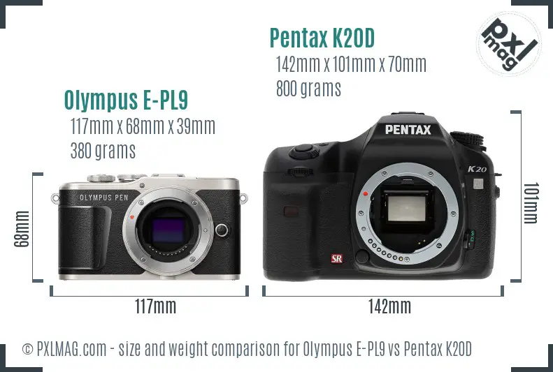 Olympus E-PL9 vs Pentax K20D size comparison