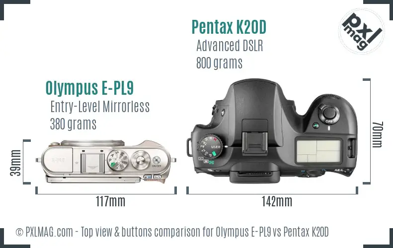 Olympus E-PL9 vs Pentax K20D top view buttons comparison