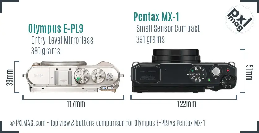 Olympus E-PL9 vs Pentax MX-1 top view buttons comparison