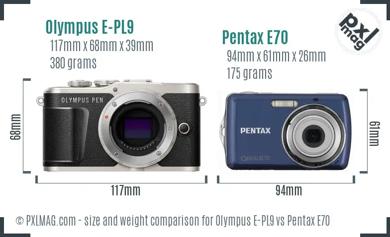 Olympus E-PL9 vs Pentax E70 size comparison