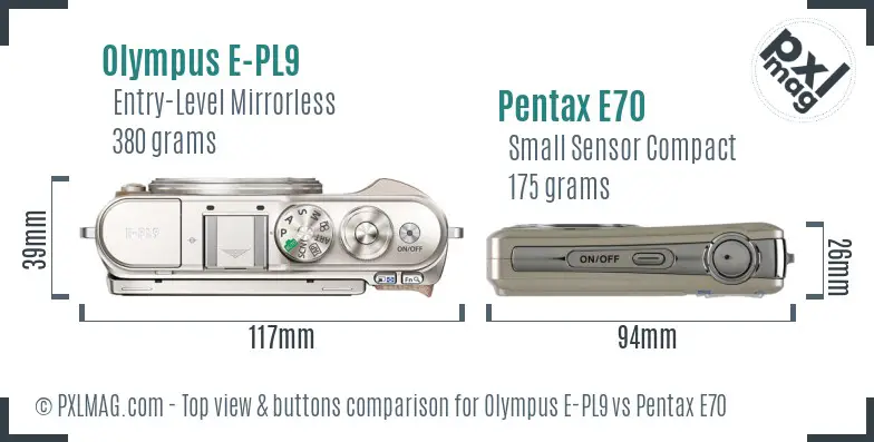 Olympus E-PL9 vs Pentax E70 top view buttons comparison