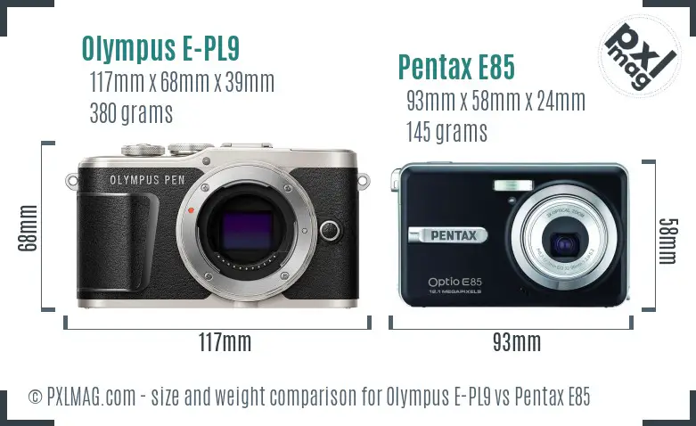 Olympus E-PL9 vs Pentax E85 size comparison