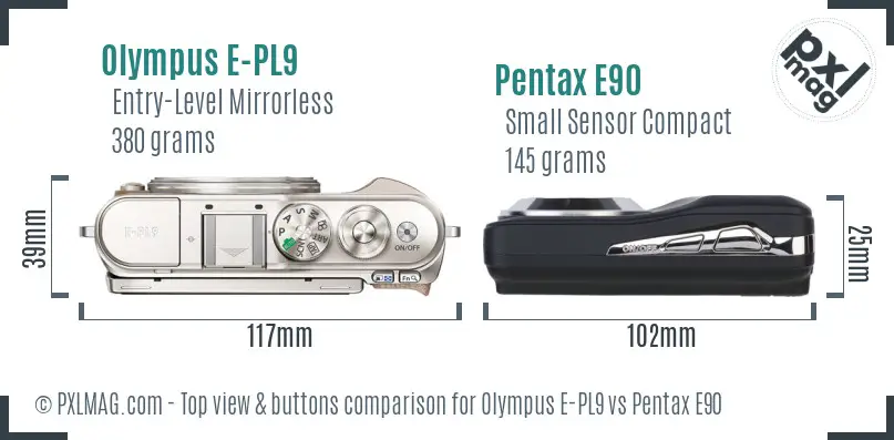 Olympus E-PL9 vs Pentax E90 top view buttons comparison