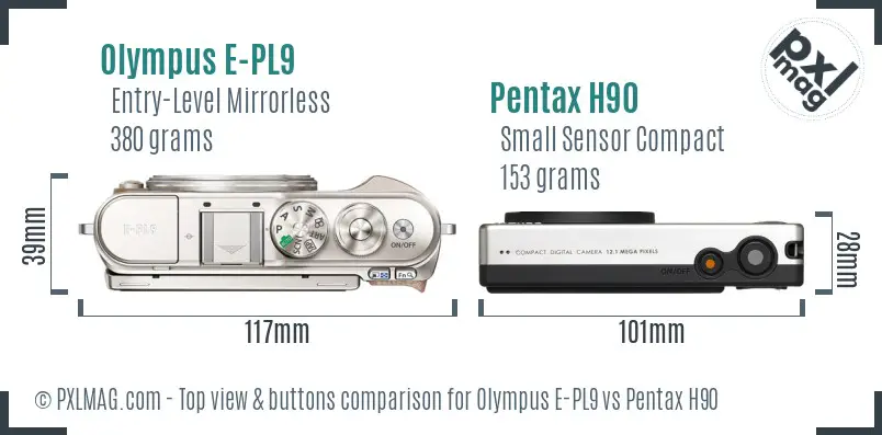 Olympus E-PL9 vs Pentax H90 top view buttons comparison