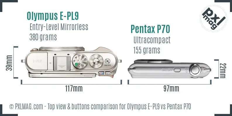 Olympus E-PL9 vs Pentax P70 top view buttons comparison