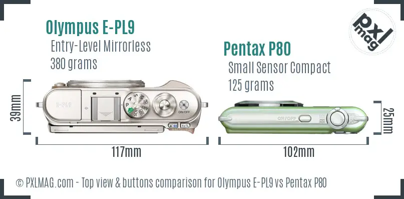 Olympus E-PL9 vs Pentax P80 top view buttons comparison