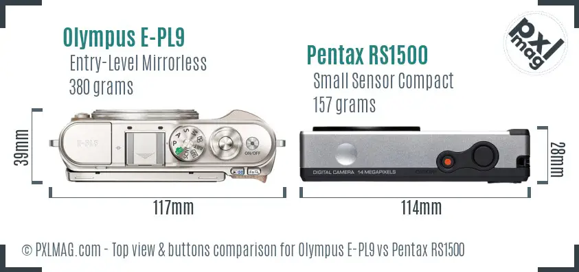 Olympus E-PL9 vs Pentax RS1500 top view buttons comparison