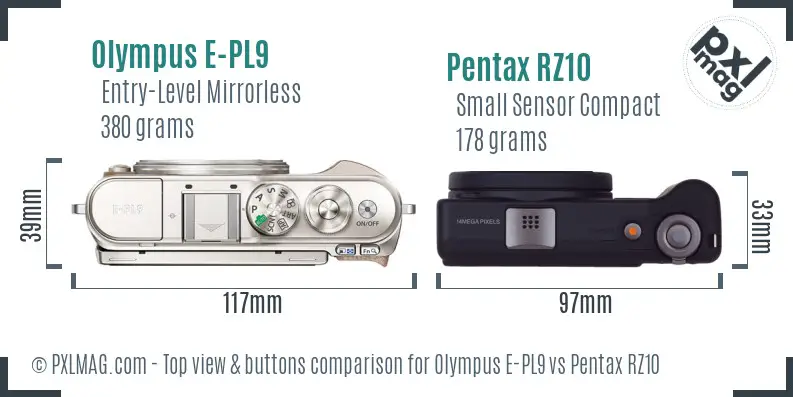 Olympus E-PL9 vs Pentax RZ10 top view buttons comparison